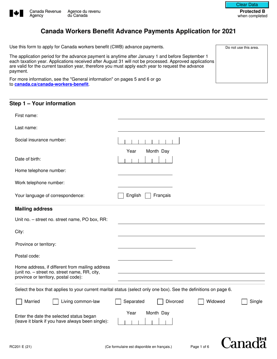 Form RC201 Canada Workers Benefit Advance Payments Application - Canada, Page 1