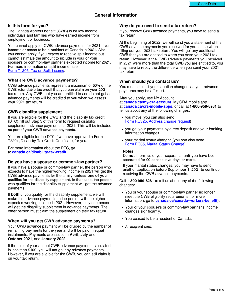 Form RC201 Canada Workers Benefit Advance Payments Application - Canada, Page 5