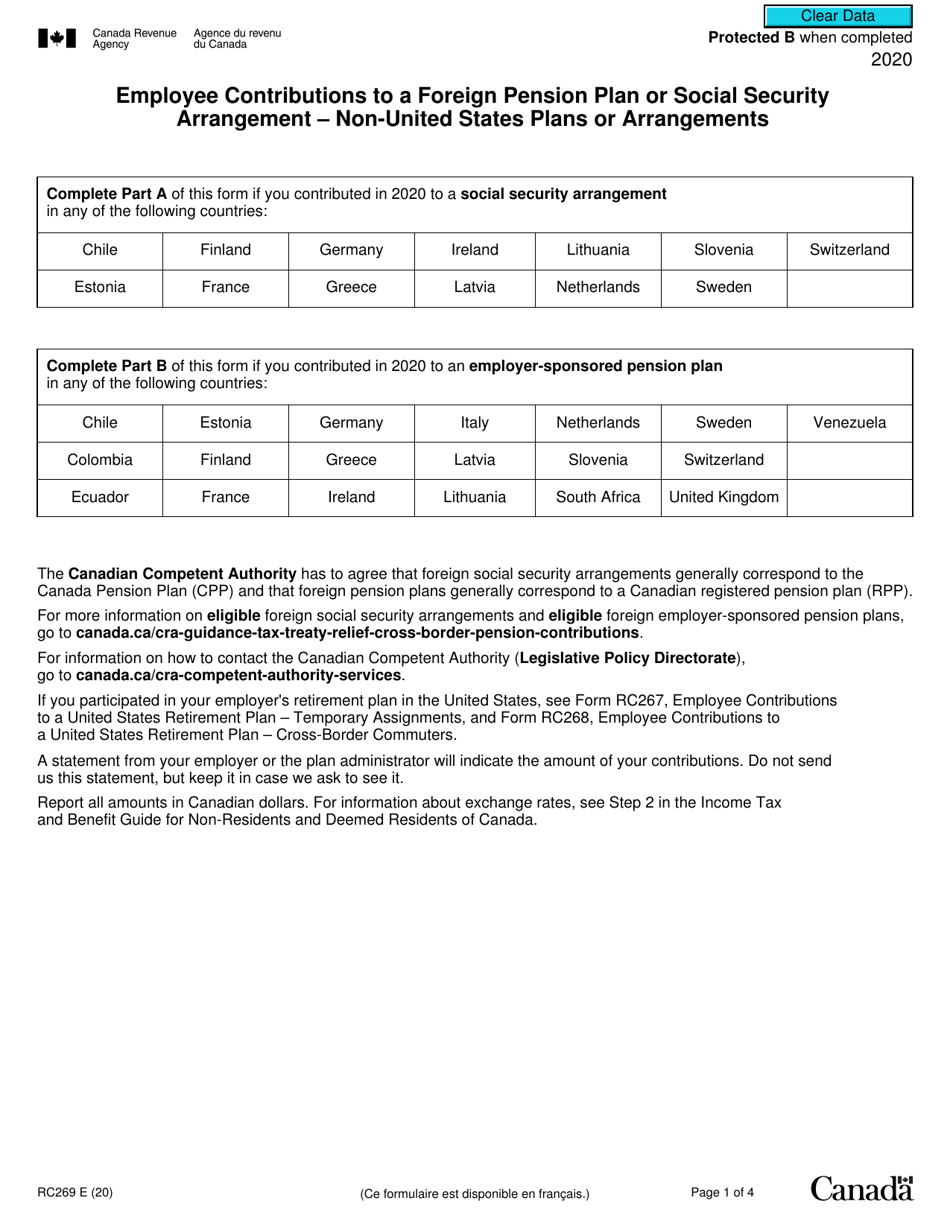 Form RC269 Employee Contributions to a Foreign Pension Plan or Social Security Arrangement - Non-united States Plans or Arrangements - Canada, Page 1
