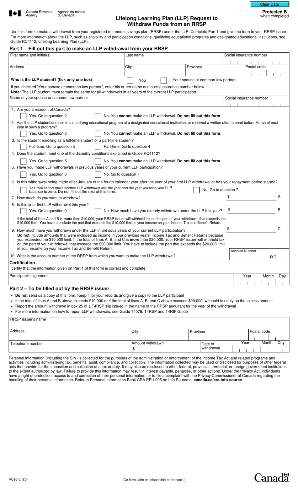 Form RC96 Lifelong Learning Plan (LLP ) Request to Withdraw Funds From an Rrsp - Canada, Page 1