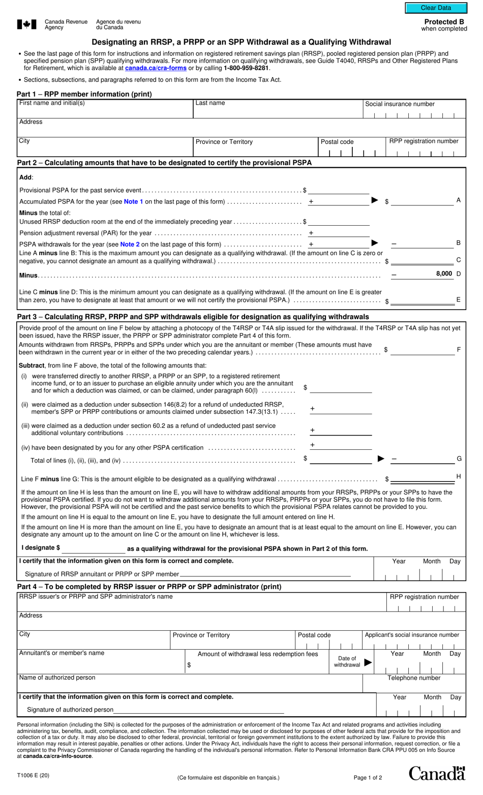 Form T1006 Designating an Rrsp, an Prpp or an Spp Withdrawal as a Qualifying Withdrawal - Canada, Page 1