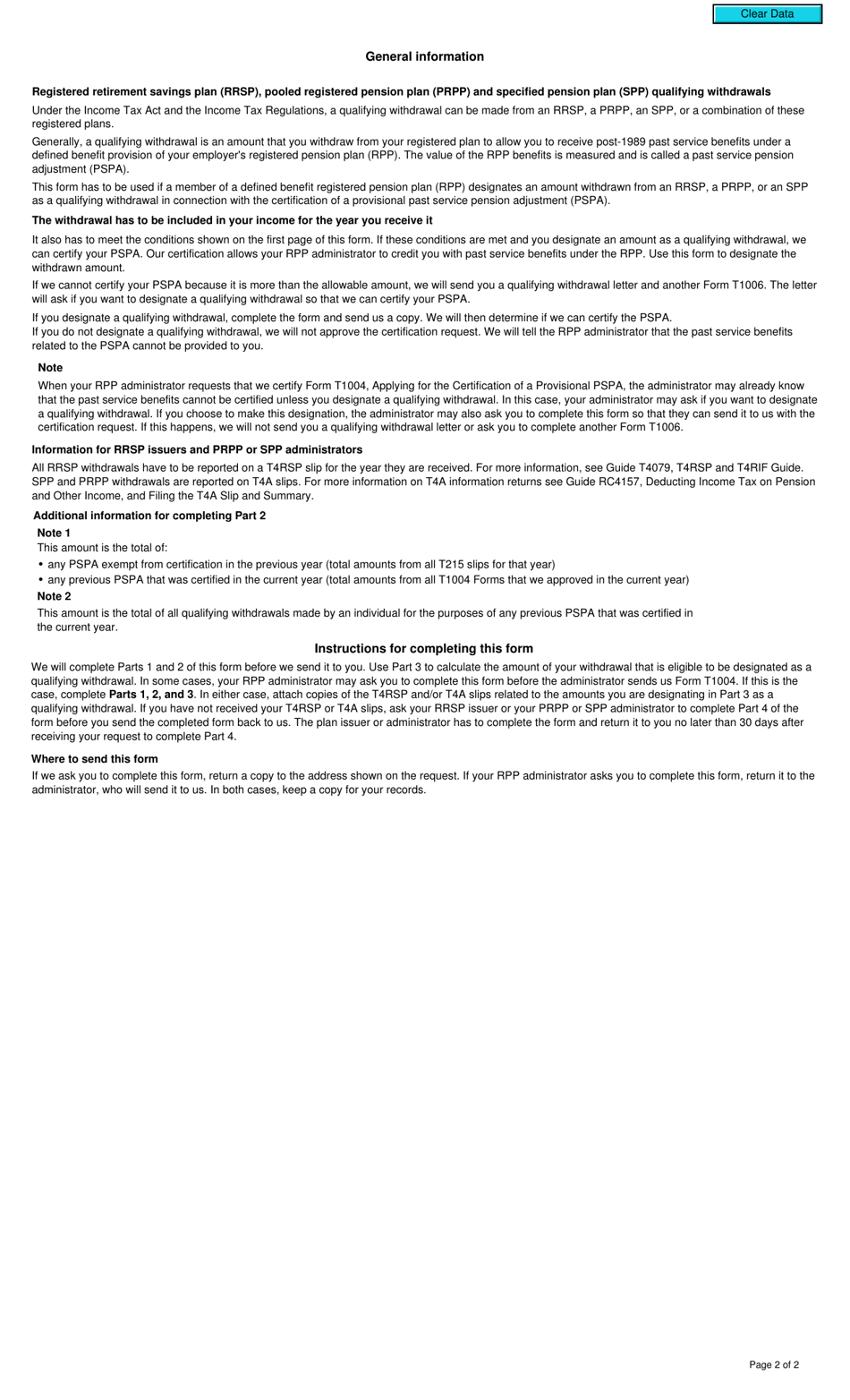 Form T1006 Designating an Rrsp, an Prpp or an Spp Withdrawal as a Qualifying Withdrawal - Canada, Page 2