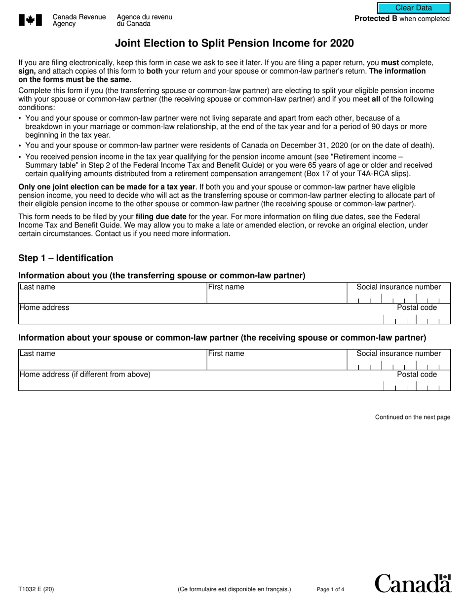 Form T1032 Joint Election to Split Pension Income - Canada, Page 1