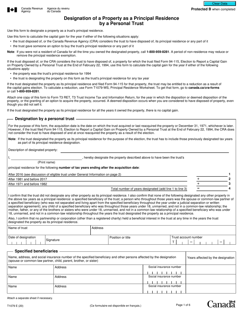 Form T1079 Designation of a Property as a Principal Residence by a Personal Trust - Canada, Page 1