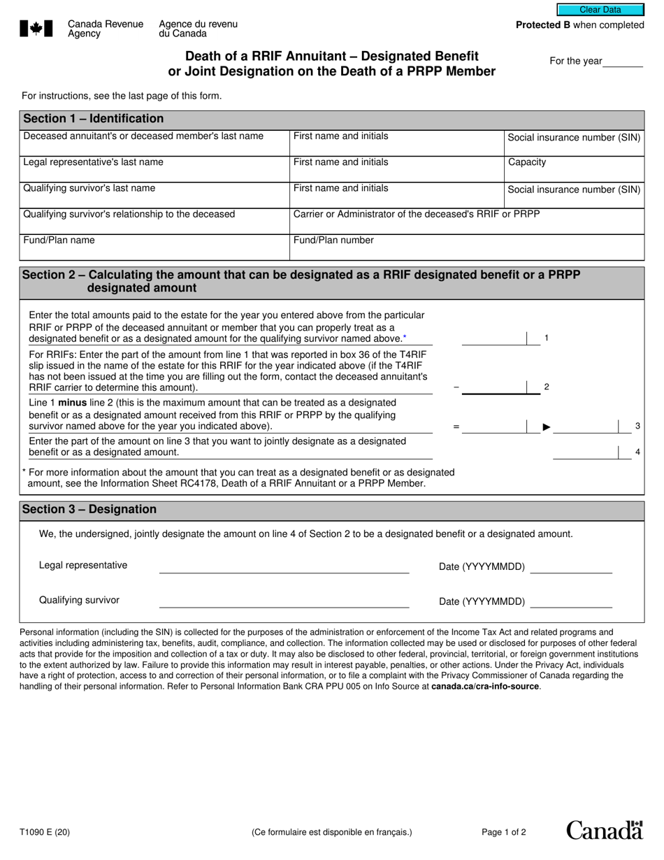 Form T1090 Death of a Rrif Annuitant - Designated Benefit or Joint Designation on the Death of a Prpp Member - Canada, Page 1