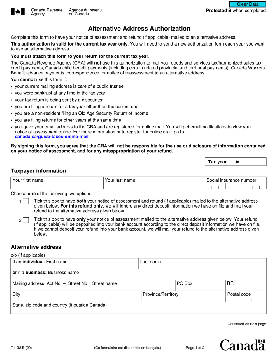 Form T1132 Alternative Address Authorization - Canada, Page 1
