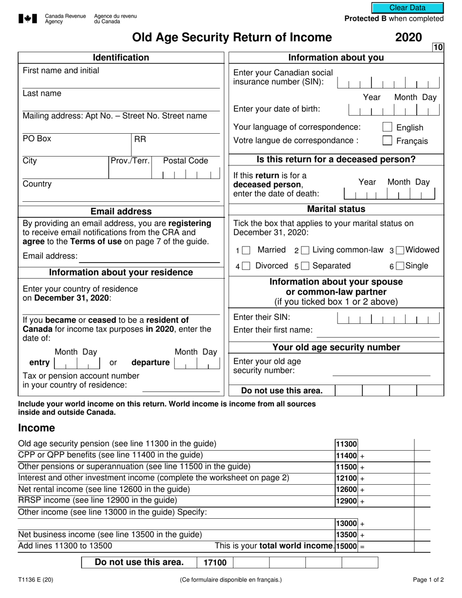 Form T1136 Old Age Security Return of Income - Canada, Page 1