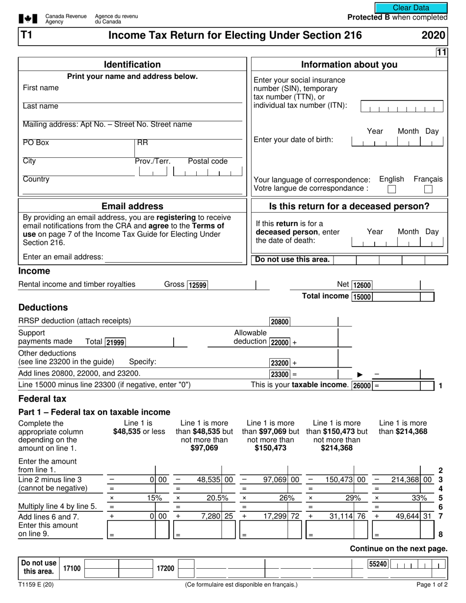 Form T1159 Income Tax Return for Electing Under Section 216 - Canada, Page 1