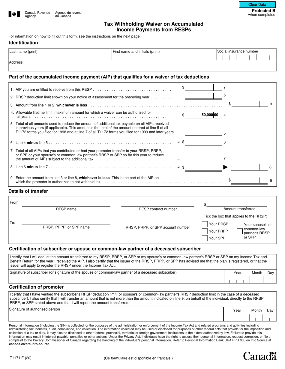 Form T1171 Download Fillable PDF or Fill Online Tax Withholding Waiver