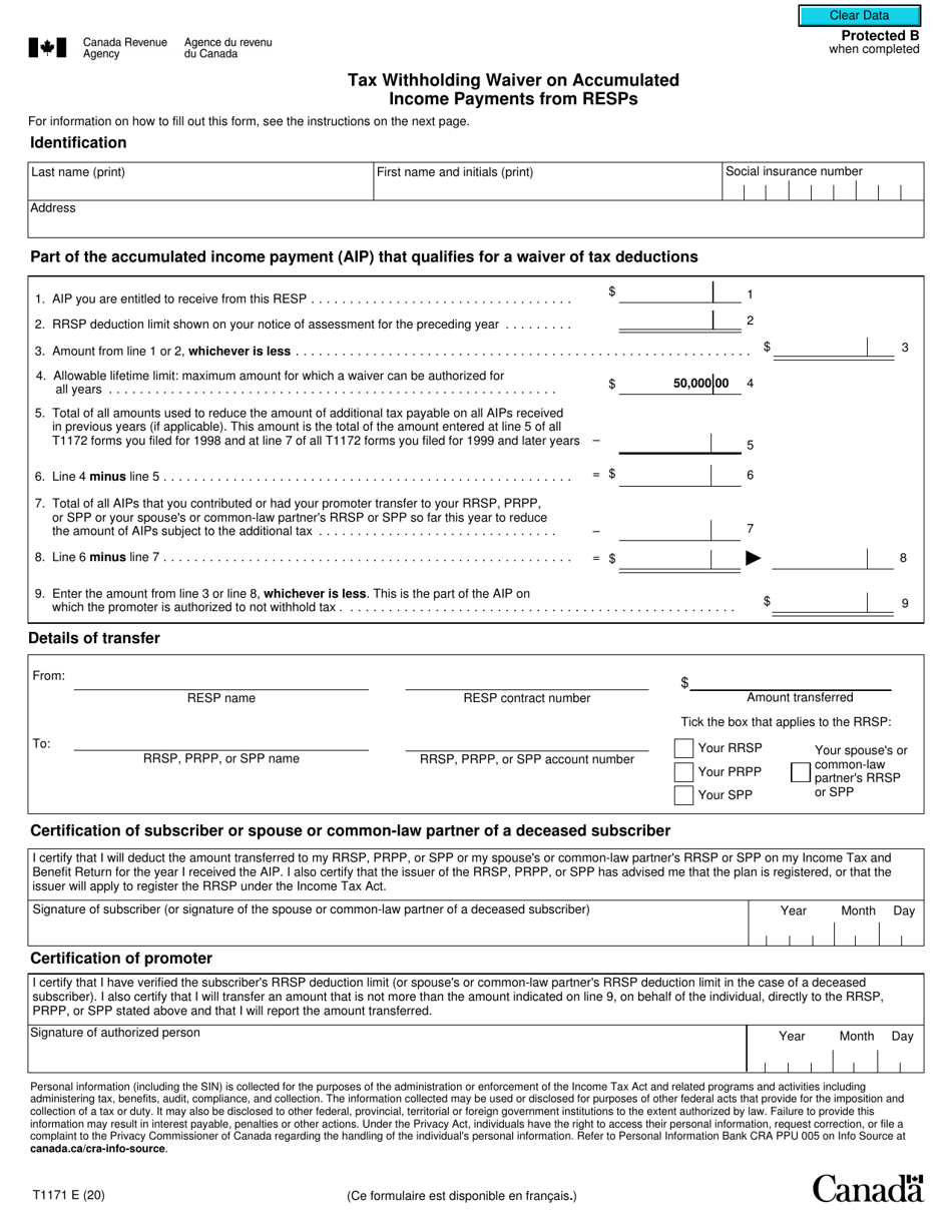 Form T1171 Tax Withholding Waiver on Accumulated Income Payments From Resps - Canada, Page 1