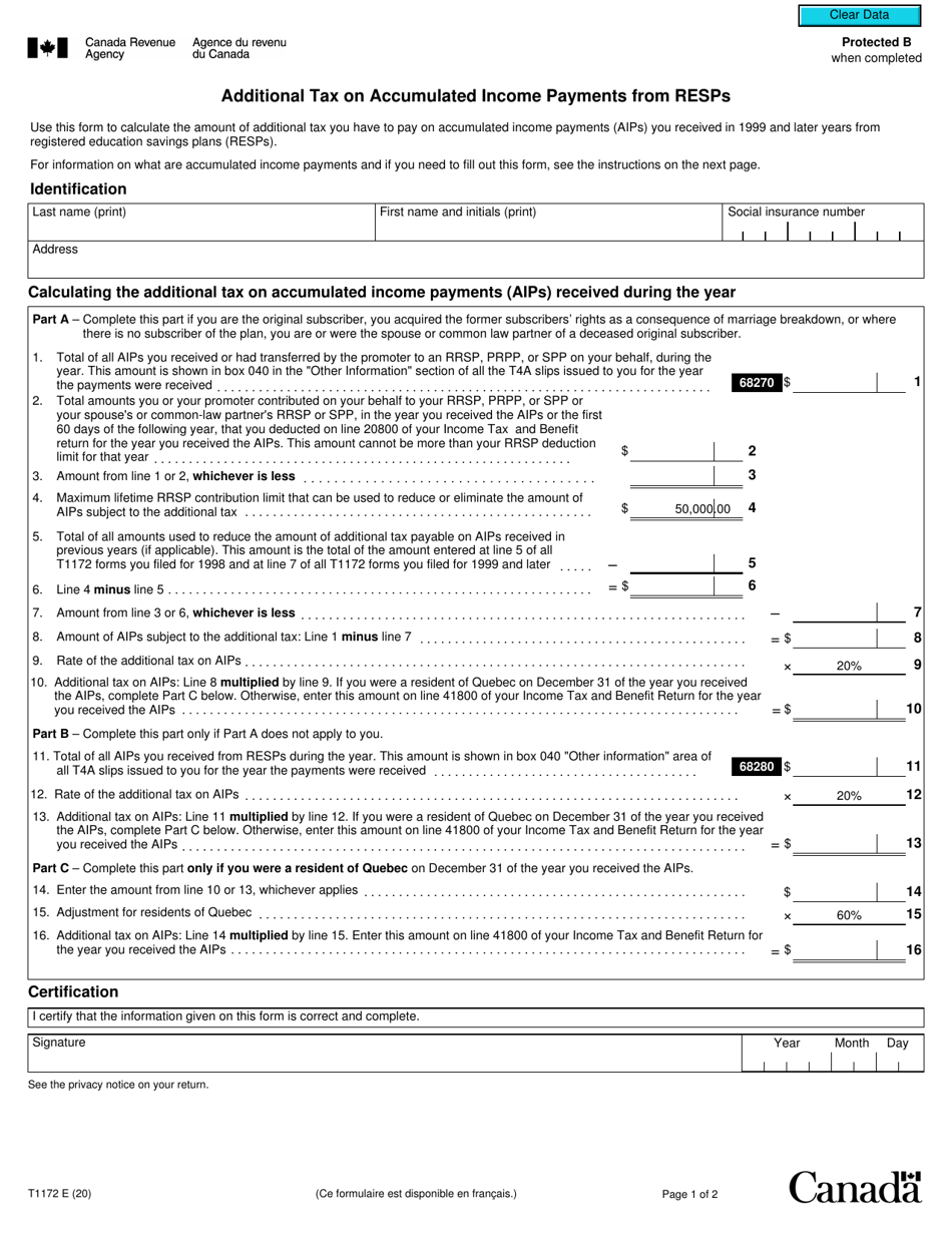 Form T1172 Additional Tax on Accumulated Income Payments From Resps - Canada, Page 1