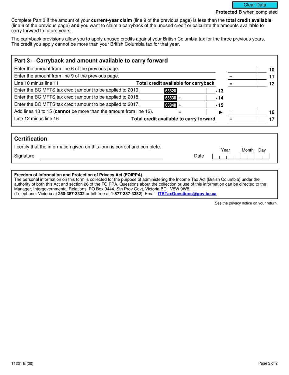 Form T1231 British Columbia Mining Flow-Through Share Tax Credit - Canada, Page 2