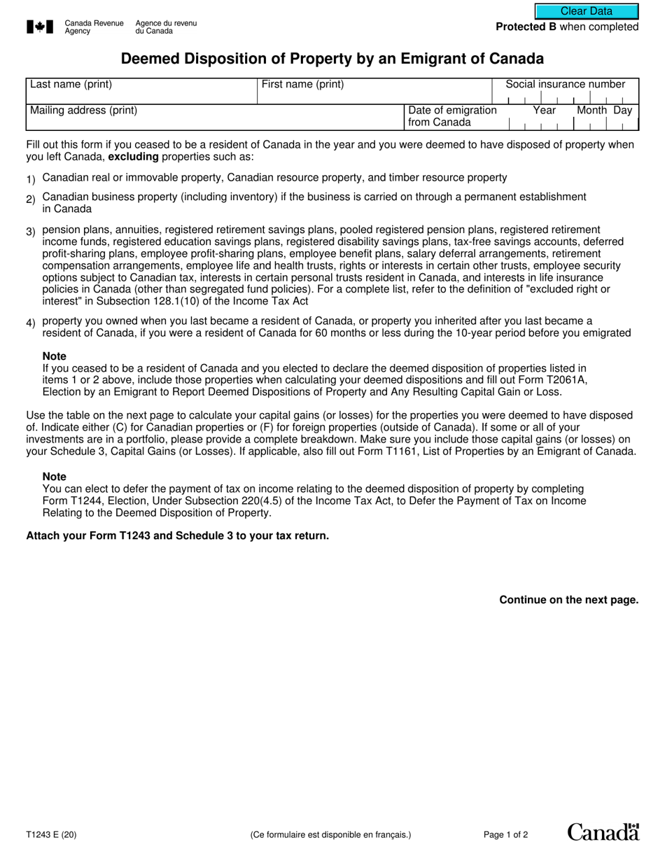 Form T1243 Deemed Disposition of Property by an Emigrant of Canada - Canada, Page 1