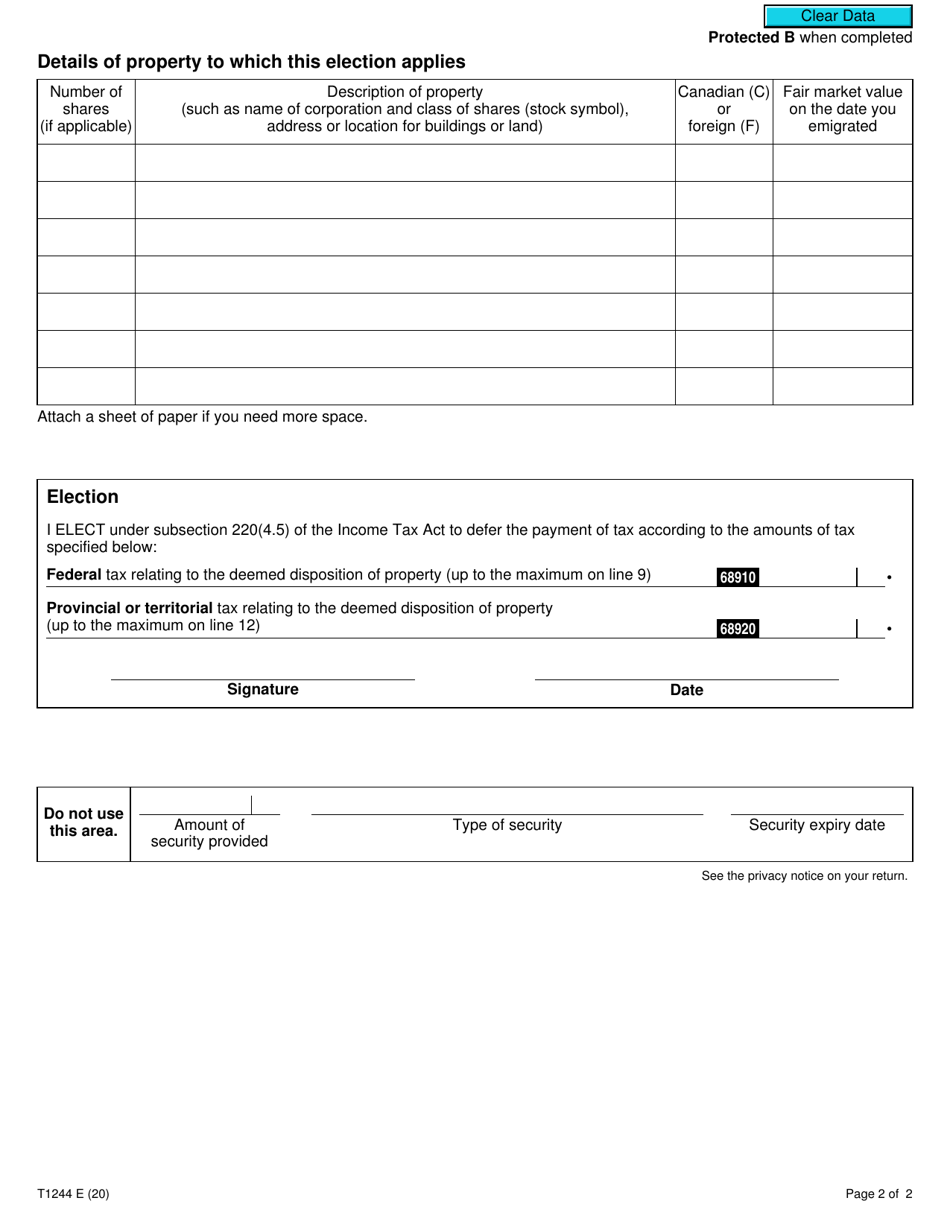 Form T1244 Election, Under Subsection 220(4.5) of the Income Tax Act, to Defer the Payment of Tax on Income Relating to the Deemed Disposition of Property - Canada, Page 2