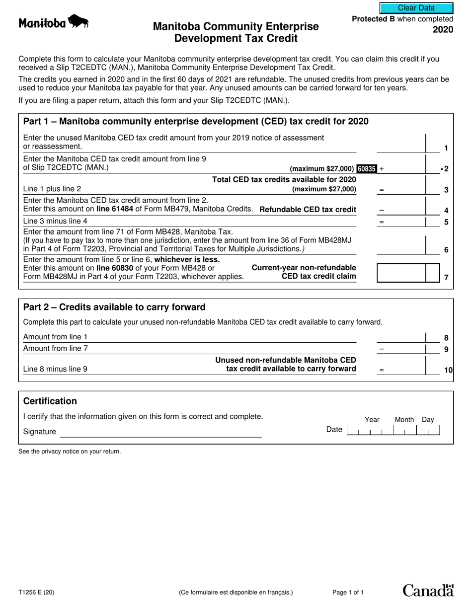 Form T1256 Manitoba Community Enterprise Development Tax Credit - Canada, Page 1