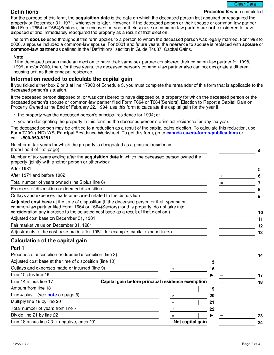 Form T1255 Designation of a Property as a Principal Residence by the Legal Representative of a Deceased Individual - Canada, Page 2