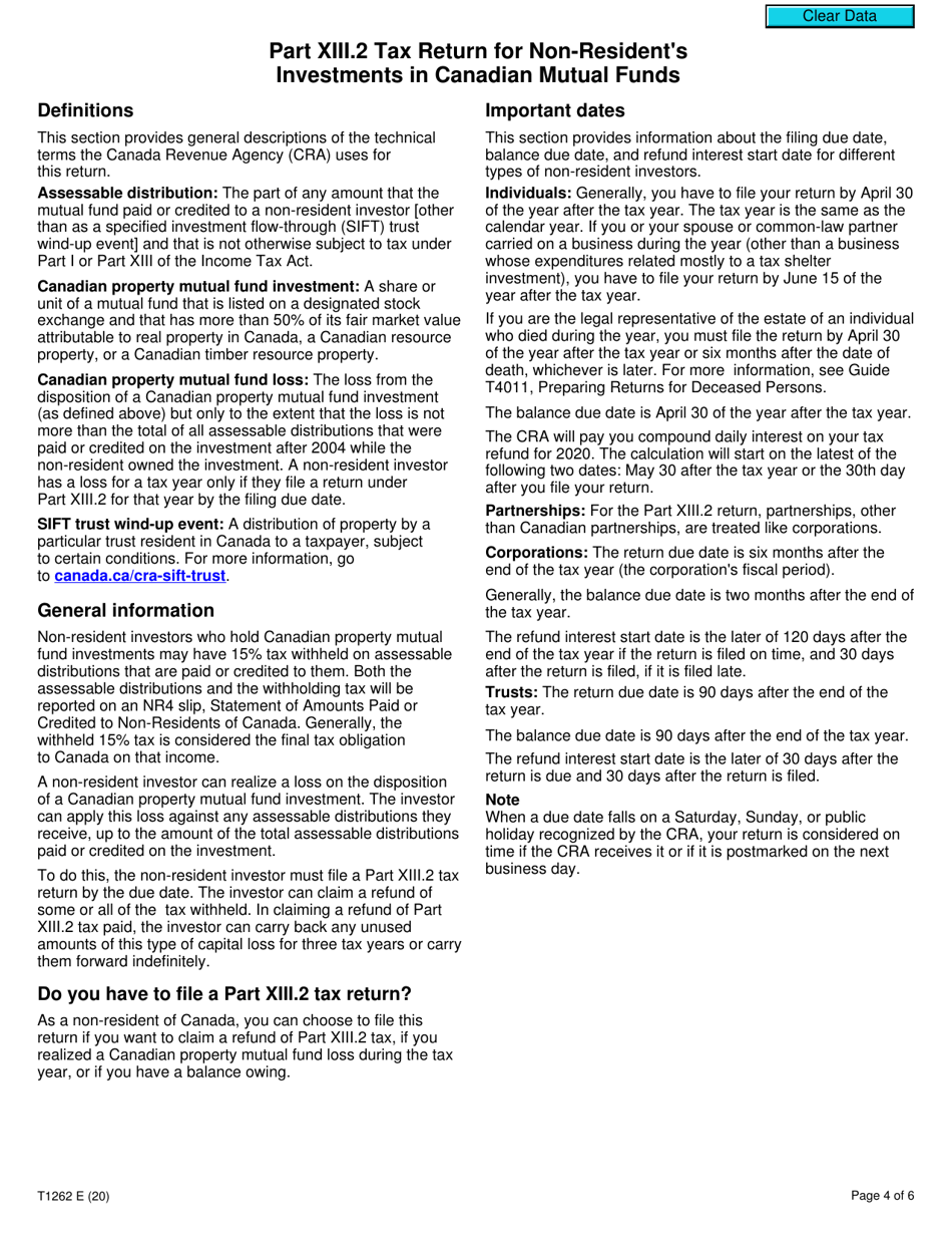 Form T1262 Part XIII.2 Tax Return for Non-residents Investments in Canadian Mutual Funds - Canada, Page 4