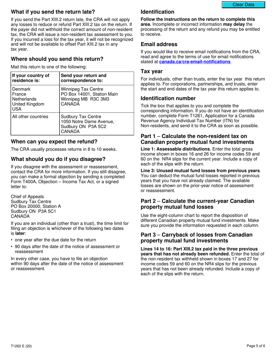 Form T1262 Part XIII.2 Tax Return for Non-residents Investments in Canadian Mutual Funds - Canada, Page 5