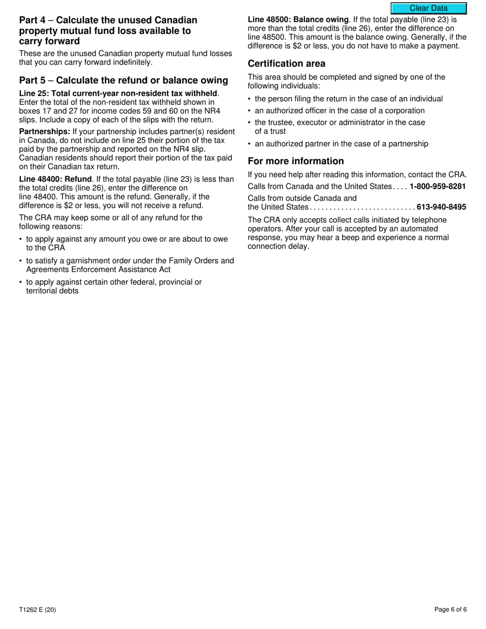 Form T1262 Part XIII.2 Tax Return for Non-residents Investments in Canadian Mutual Funds - Canada, Page 6