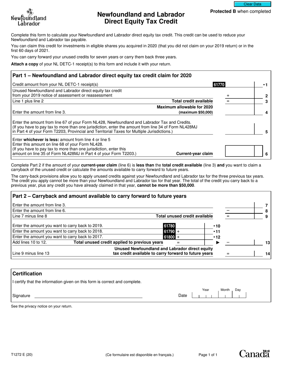 Form T1272 Newfoundland and Labrador Direct Equity Tax Credit - Canada, Page 1