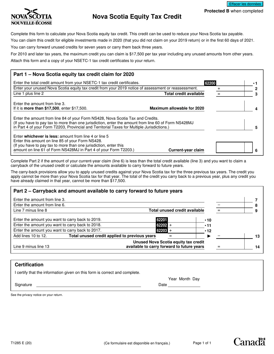 Form T1285 Download Fillable PDF or Fill Online Nova Scotia Equity Tax Credit 2020 Canada