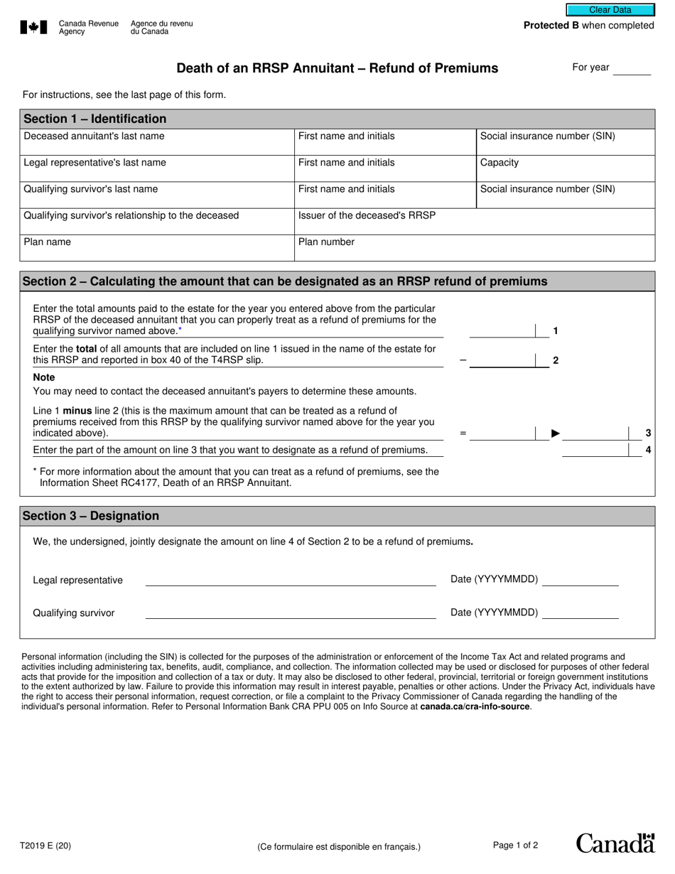 Form T2019 Death of an Rrsp Annuitant - Refund of Premiums - Canada, Page 1