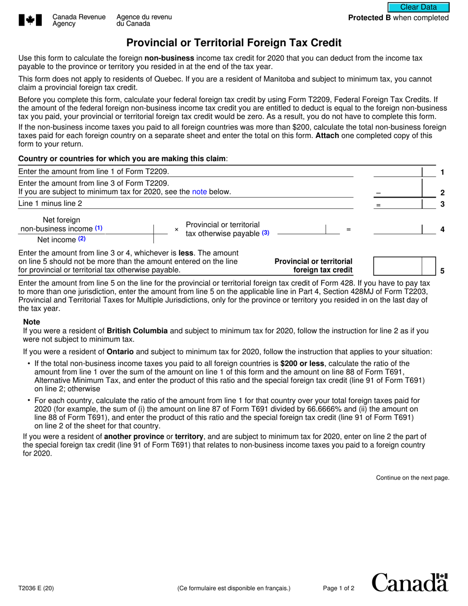 Form T2036 Provincial or Territorial Foreign Tax Credit - Canada, Page 1