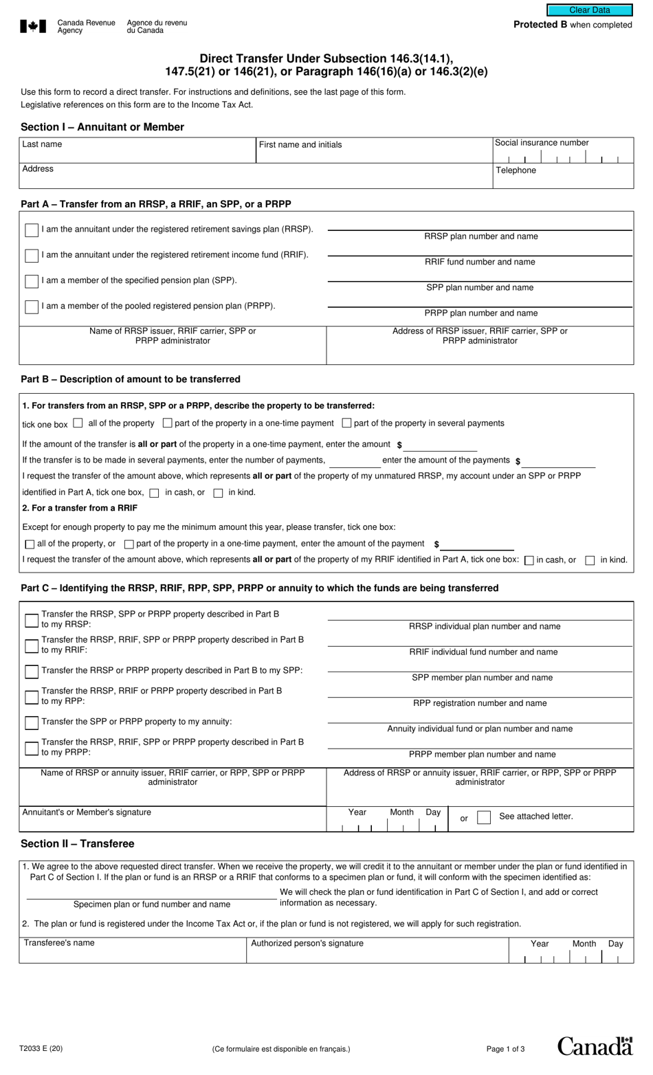 Form T2033 Direct Transfer Under Subsection 146.3(14.1), 147.5(21) or 146(21), or Paragraph 146(16)(A) or 146.3(2)(E) - Canada, Page 1