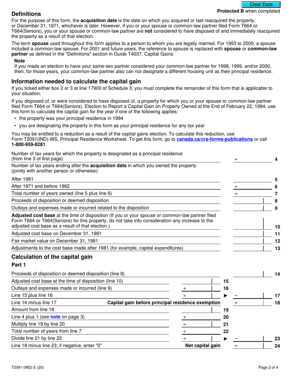 Form T2091 (IND) Designation of a Property as a Principal Residence by an Individual (Other Than a Personal Trust) - Canada, Page 2