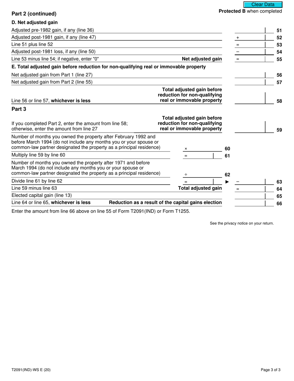 Form T2091(IND)-WS Principal Residence Worksheet - Canada, Page 3