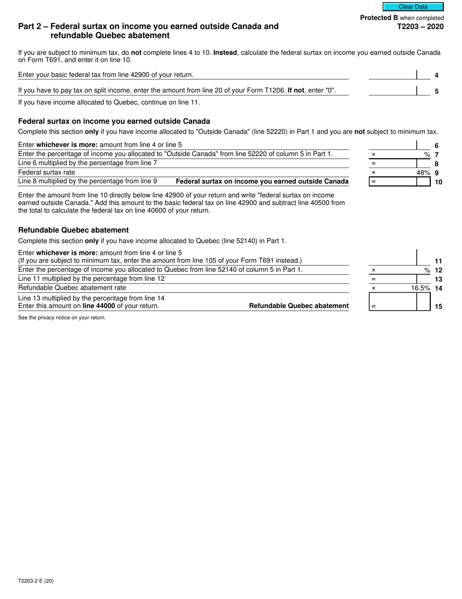 Form T2203 Part 2 Federal Surtax on Income You Earned Outside Canada and Refundable Quebec Abatement - Canada, Page 1