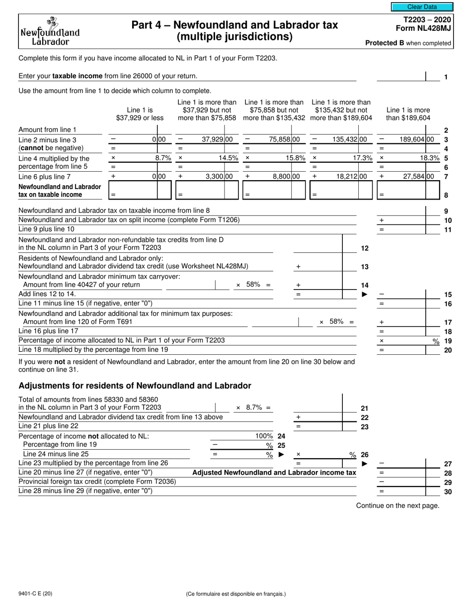 Form T2203 (9401-C; NL428MJ) Part 4 Newfoundland and Labrador Tax (Multiple Jurisdictions) - Canada, Page 1