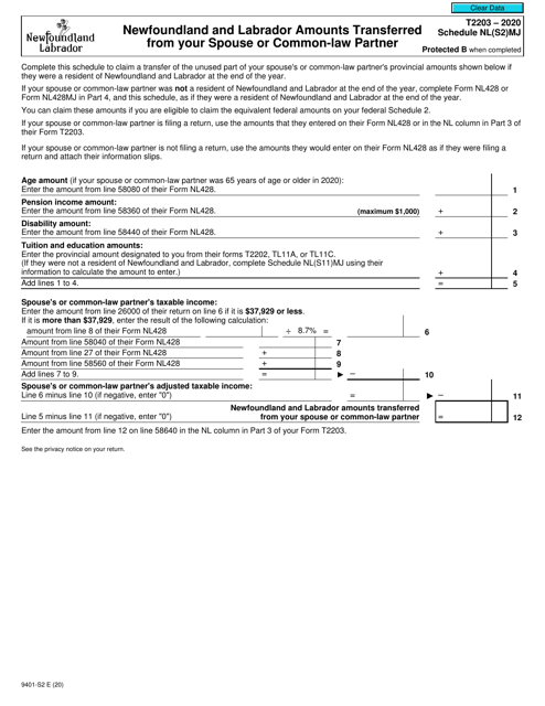 Form T2203 (9401-S2) Schedule NL(S2)MJ 2020 Printable Pdf