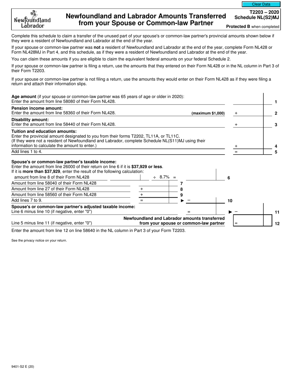 Form T2203 (9401-S2) Schedule NL(S2)MJ Newfoundland and Labrador Amounts Transferred From Your Spouse or Common-Law Partner - Canada, Page 1