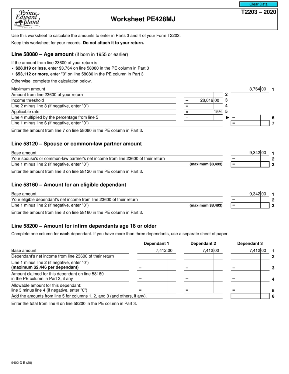 Form T2203 (9402-D) Worksheet PE428MJ Prince Edward Island - Canada, Page 1