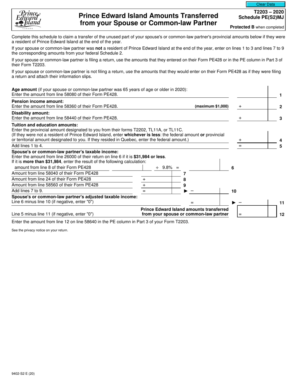 Form T2203 (9402-S2) Schedule PE(S2)MJ Prince Edward Island Amounts Transferred From Your Spouse or Common-Law Partner - Canada, Page 1