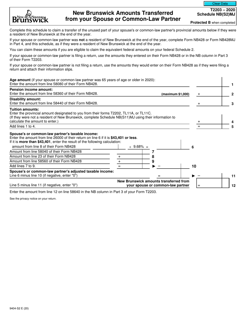 Form T2203 (9404-S2) Schedule NB(S2)MJ New Brunswick Amounts Transferred From Your Spouse or Common-Law Partner - Canada, Page 1