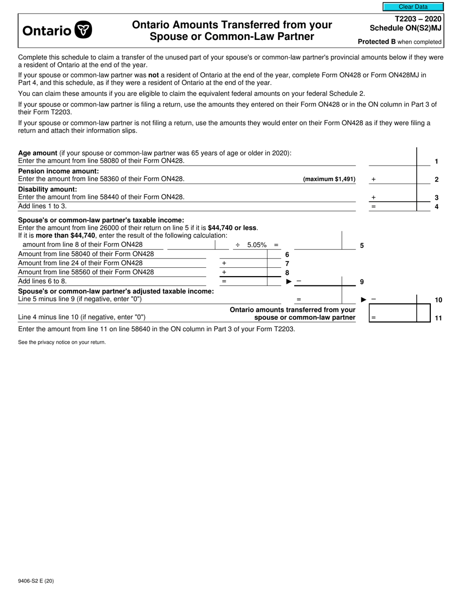 Form T2203 (9406-S2) Schedule ON(S2)MJ Ontario Amounts Transferred From Your Spouse or Common-Law Partner - Canada, Page 1