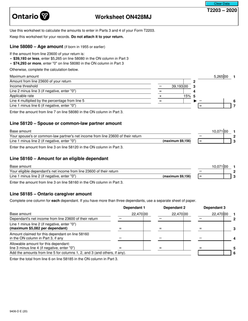 Form T2203 (9406-D) Worksheet ON428MJ 2020 Printable Pdf