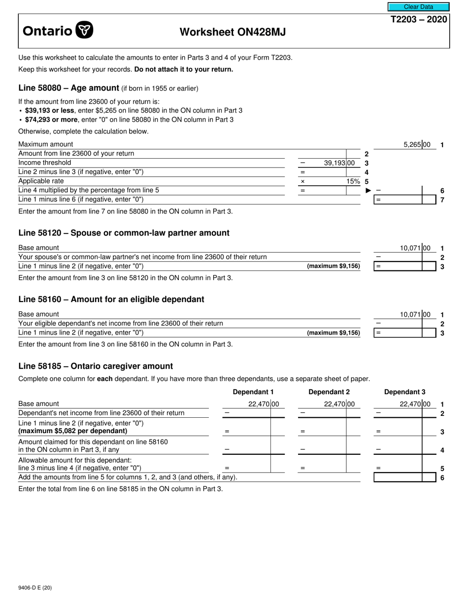 Form T2203 (9406-D) Worksheet ON428MJ Ontario - Canada, Page 1