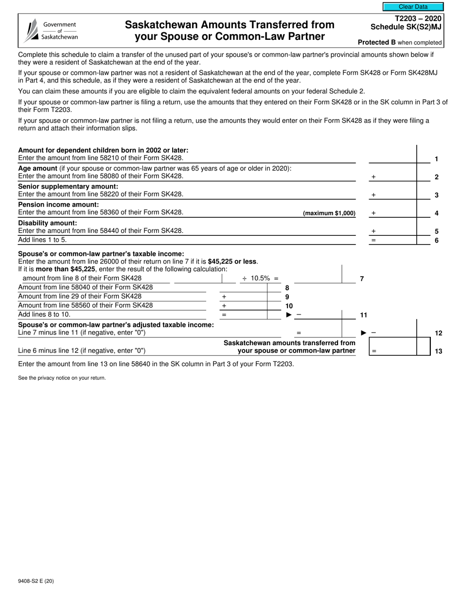 Form T2203 (9408-S2) Schedule SK(S2)MJ Saskatchewan Amounts Transferred From Your Spouse or Common-Law Partner - Canada, Page 1