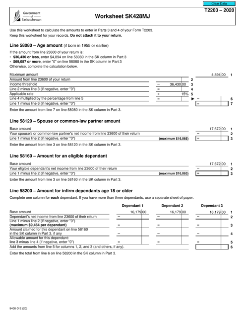 Form T2203 (9408-D) Worksheet SK428MJ 2020 Printable Pdf