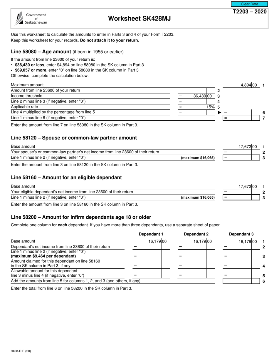 Form T2203 (9408-D) Worksheet SK428MJ Download Fillable PDF or Fill ...