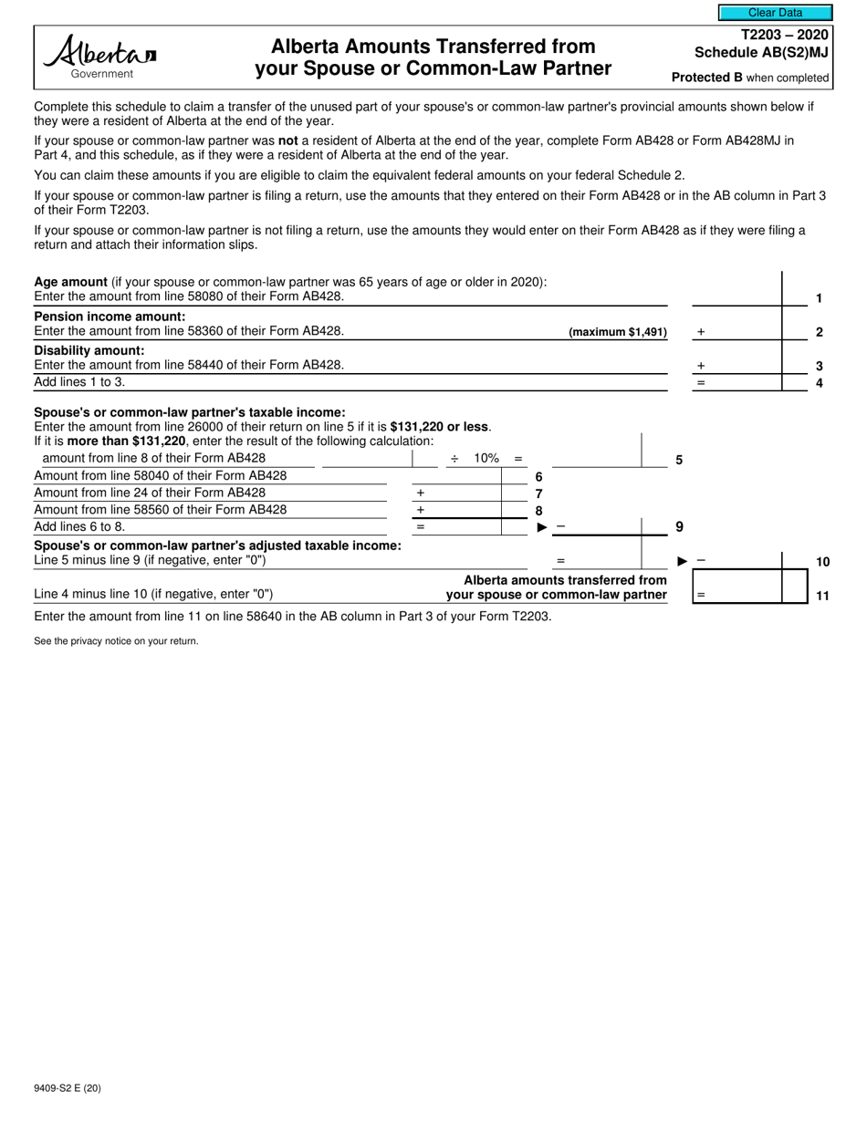 Form T2203 (9409-S2) Schedule AB(S2)MJ Alberta Amounts Transferred From Your Spouse or Common-Law Partner - Canada, Page 1