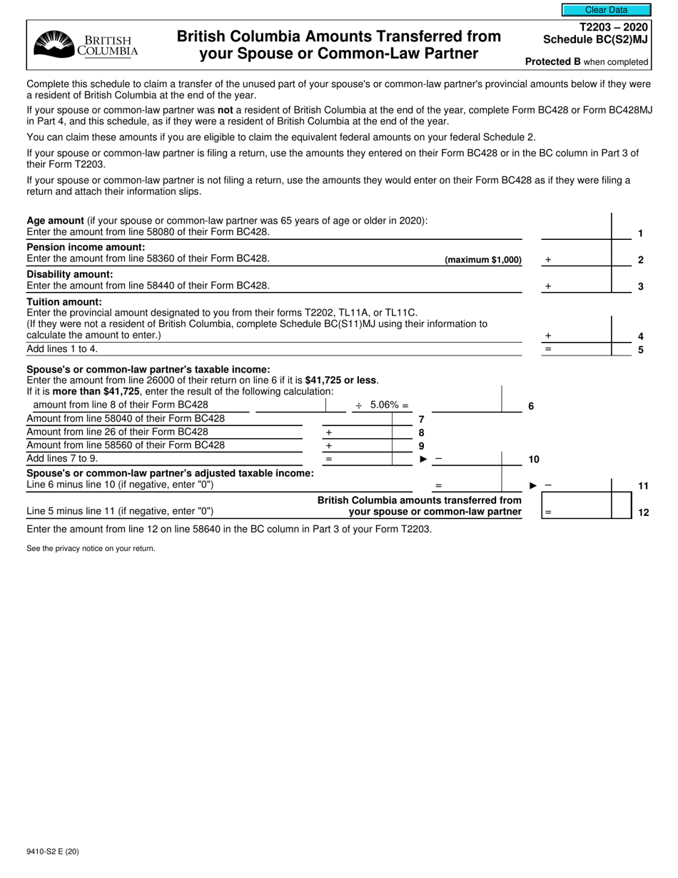 Form T2203 (9410-S2) Schedule BC(S2)MJ British Columbia Amounts Transferred From Your Spouse or Common-Law Partner - Canada, Page 1