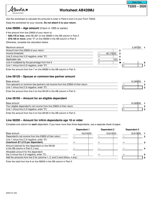 Form T2203 (9409-D) Worksheet AB428MJ 2020 Printable Pdf