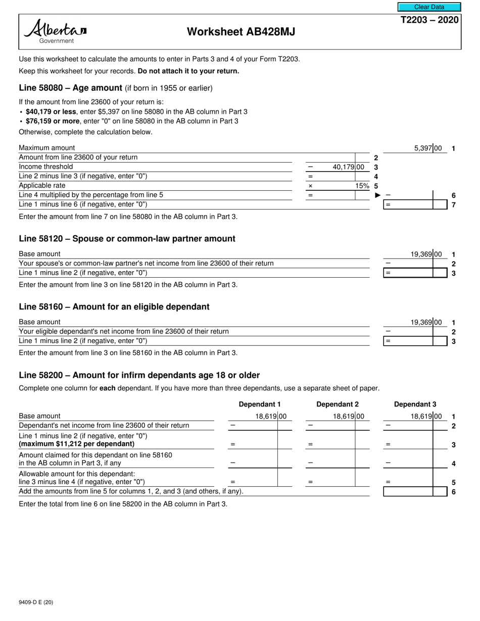 Form T2203 (9409-D) Worksheet AB428MJ Alberta - Canada, Page 1