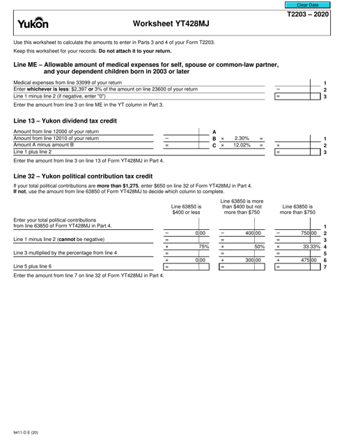 Form T2203 (9411-D) Worksheet YT428MJ 2020 Printable Pdf