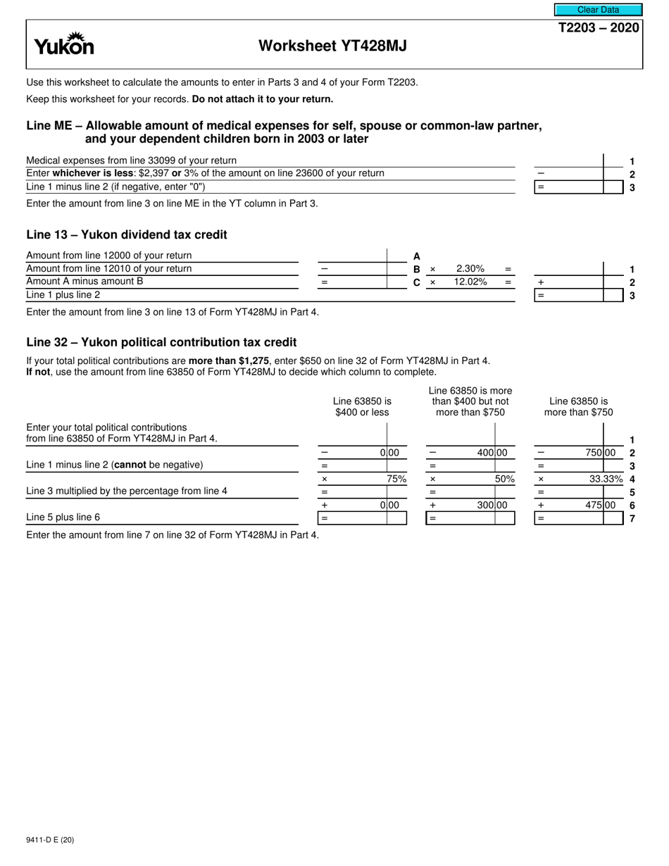 Form T2203 (9411-D) Worksheet YT428MJ Yukon - Canada, Page 1