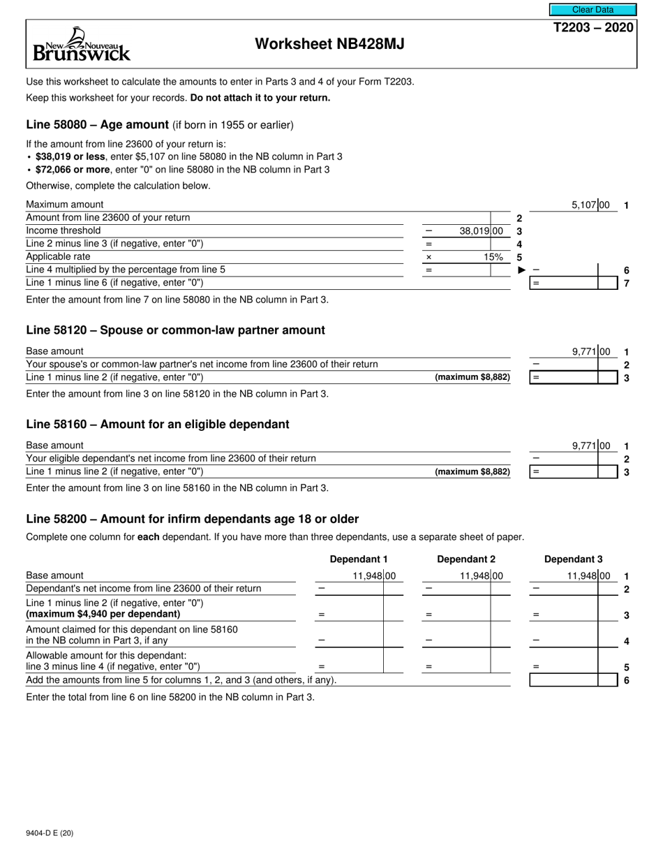 Form T2203 (9404-D) Worksheet NB428MJ New Brunswick - Canada, Page 1